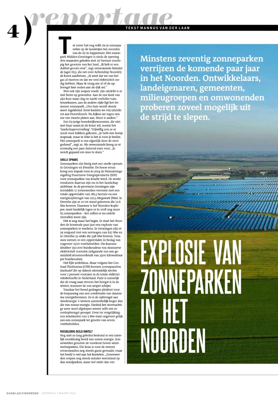 DvhN 7 maart 2020: 'Explosie van zonneparken in Drenthe en Groningen'